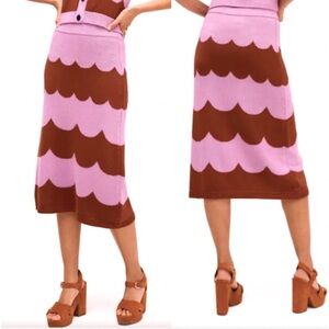 Kate Spade Woman’s  Knit Scallop Stripe Pattern Pink Rusty Brown MIDI Skirt XS